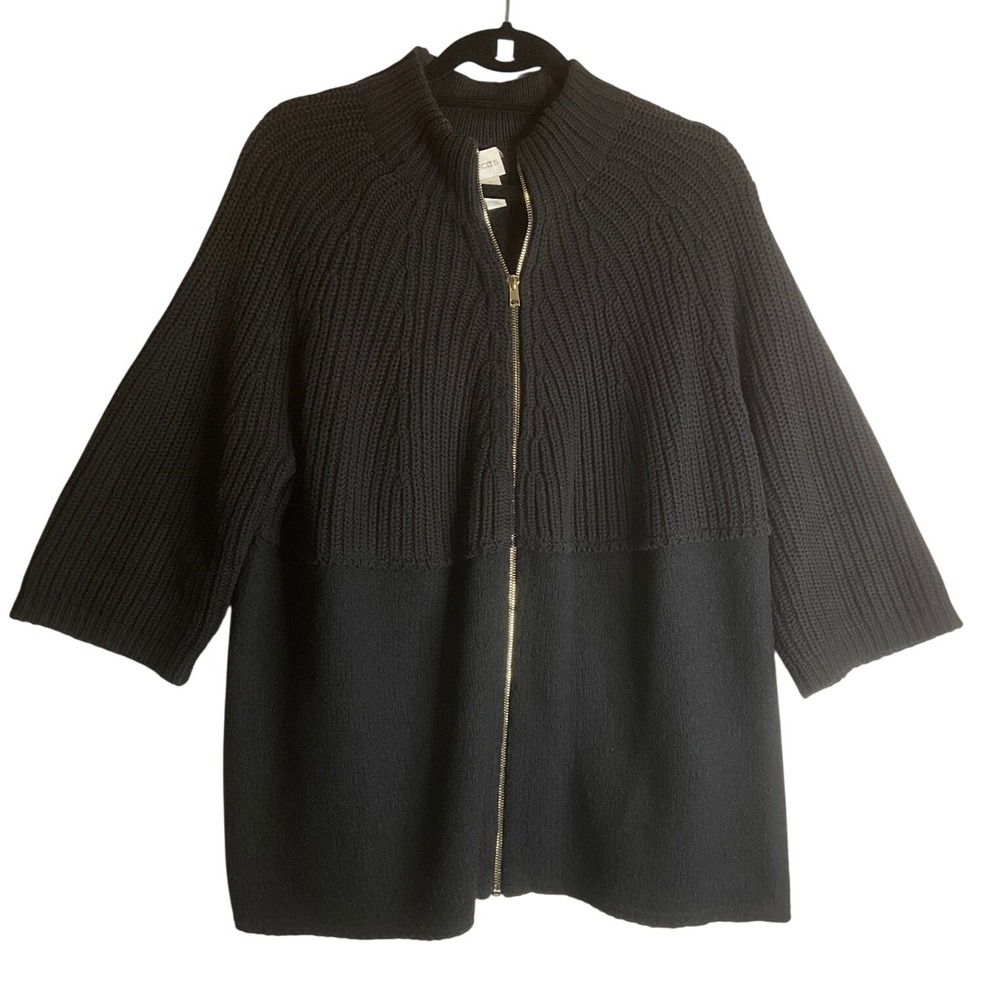Chico's Wool Blend Zip Up Cardigan Ribbed Black Casual Quiet Luxury Warm 3/XL/16
